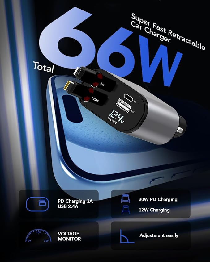 Thumbnail: 4 in 1 Swift Car Charger with Retractable Cables