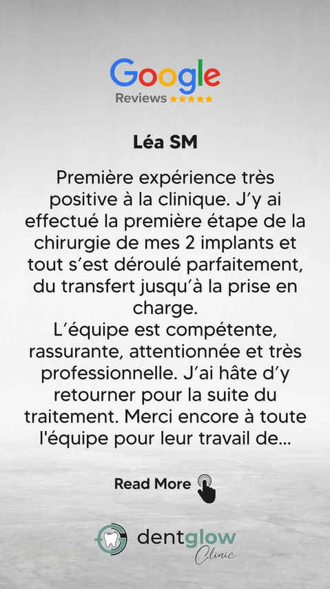 Première expérience très positive à la clinique. J’y ai effectué la première étape de la chirurgie de mes 2 implants et tout s’est déroulé parfaitement, du transfert jusqu’à la prise en charge.
L’équipe est compétente, rassurante, attentionnée et très professionnelle. J’ai hâte d’y retourner pour la suite du traitement. Merci encore à toute l'équipe pour leur travail de qualité. Je recommande vivement cette clinique.
