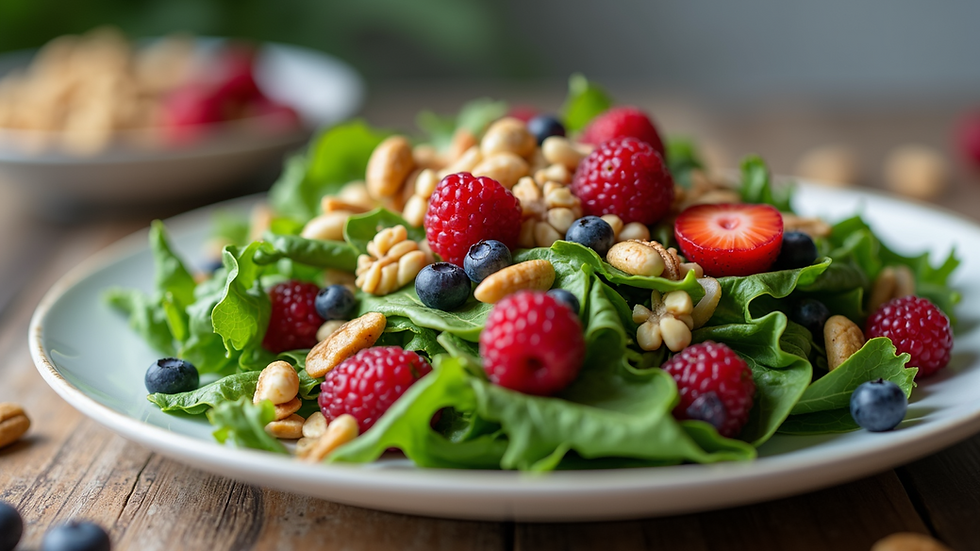 Close-up view of a colorful plate filled with healthy foods like leafy greens, berries, and nuts