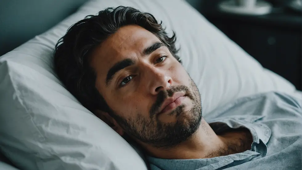 Man lying on a white pillow, looking thoughtful and relaxed in a bedroom setting. He wears a gray shirt, with a calm ambiance.