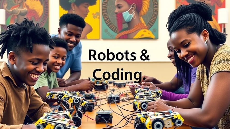 African Americans building and coding VEX IQ robots, from ages 9 to 65 years old, with smi
