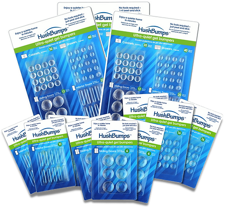 HushBumps Cabinetbumpers, Cabinetbumps, Kitchencabinetgelbumpers, Doorbumpers, Doorframebumpers, Closetdoorbumpers, Bedroomdoorbumpers, Hallwaycabinetgelbumpers, Soundreducingbumpers, Noisereductionbumpers , HushBumps are ultra-quiet gel bumpers made with Polymer Gel Technology providing an amazing “quiet” transformation to inside doors, drawers and cabinets all throughout your home or office.