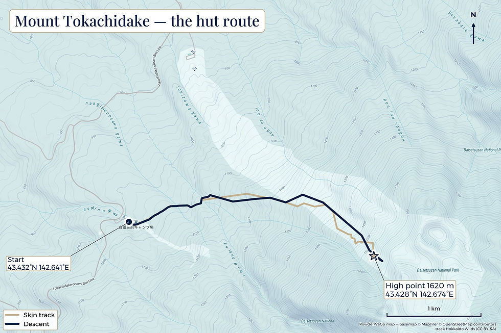 GPS map of the ski touring route on Mount Tokachi: skin track, high point and descent.