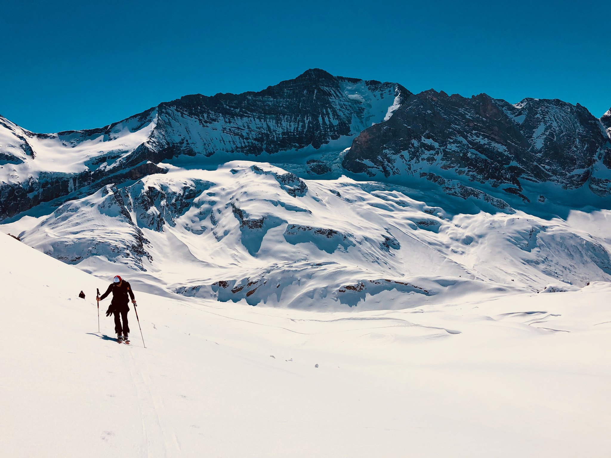 Tourengeher beim Aufstieg mit Fellen auf einem weiten Schneefeld vor einem Gletscher und Felsgipfeln