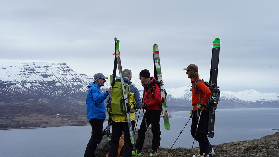 Kleine Gruppe von Skitourengehern im Halt und im Gespräch, Ski am Rucksack, Fjord und verschneite Gipfel Nordislands.