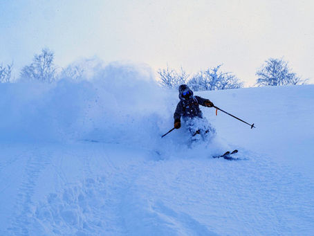 Skieur lançant une grande gerbe de poudreuse légère à l'aube bleue, près de Niseko à Hokkaidō