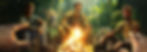4 men with bears sit by a campfire POV, a jaguar is stalking from behind in a lush jungle environment