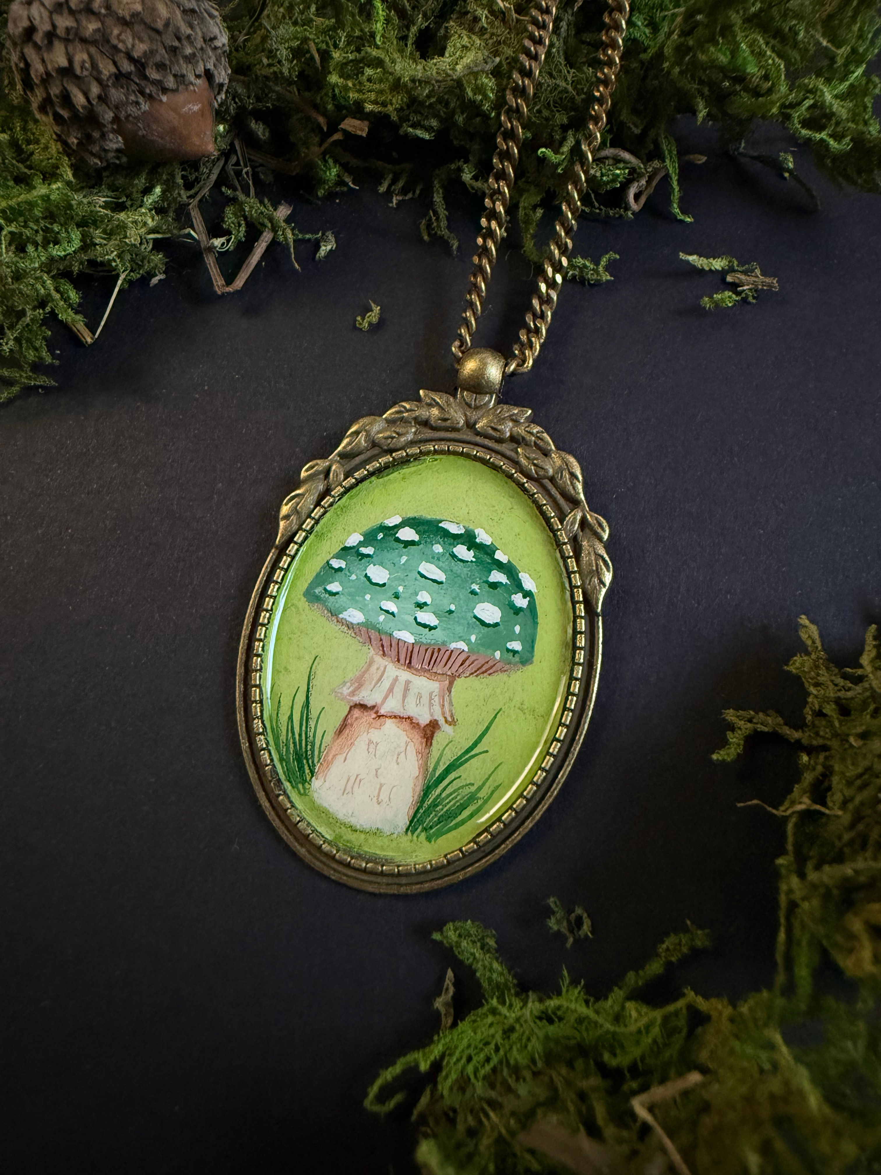 Hand Painted Green Amanita Mushroom Necklace