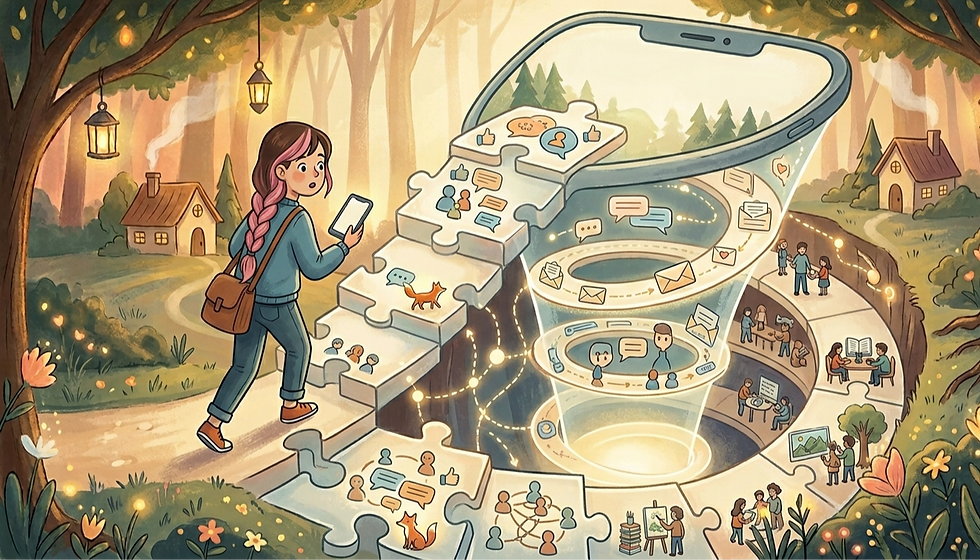 A girl with pink hair holds a phone, walking on a puzzle path leading into a jungle of communities. The forest setting is whimsical and magical.