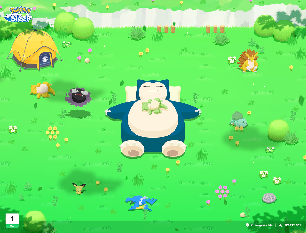 Pokémon Sleep scene with large, sleeping Snorlax surrounded by smaller Pokémon on a grassy field. A yellow tent is in the background.