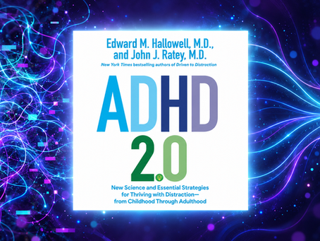 Obálka knihy ADHD 2.0 s modrofialovým abstraktním pozadím a textem Edward M. Hallowell, M.D. a John J. Ratey, M.D.