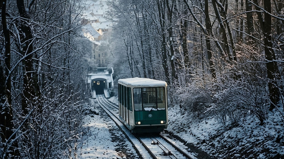 A green funicular moves through a snow-covered forest, tracks lined with frosted trees. Houses and a tunnel appear in the background.