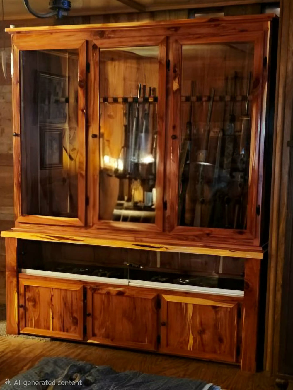 Large rifle, pistol, and ammunition storage display.