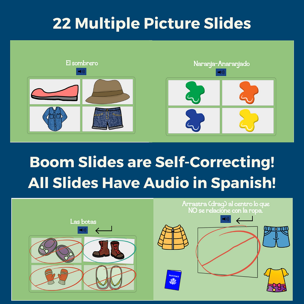 Thumbnail: Examples of digital slides for the Vocabulary Spanish resource about clothing and colors.