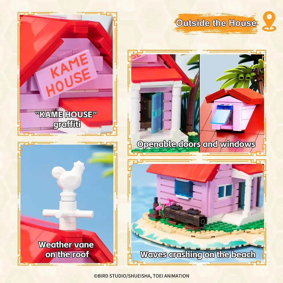 Thumbnail: Pantasy Dragon Ball Kame House brick set featuring pink island house with palm trees and shoreline base