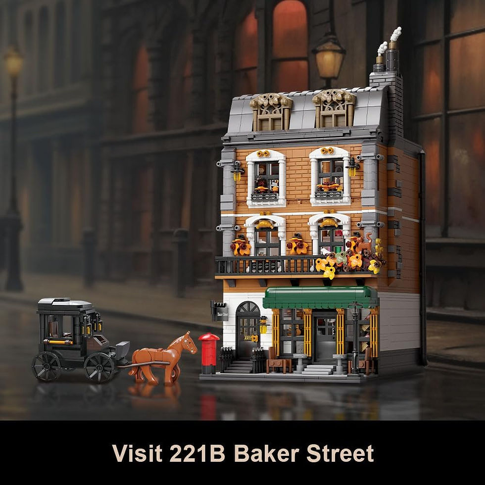 221B Baker Street apartment building set by Pantasy with layered rooms, fireplace, study desk, and detective details