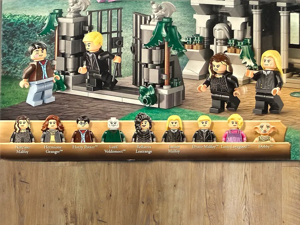 Thumbnail: LEGO Harry Potter Malfoy Manor building set with gothic towers, interior rooms, and Deathly Hallows characters