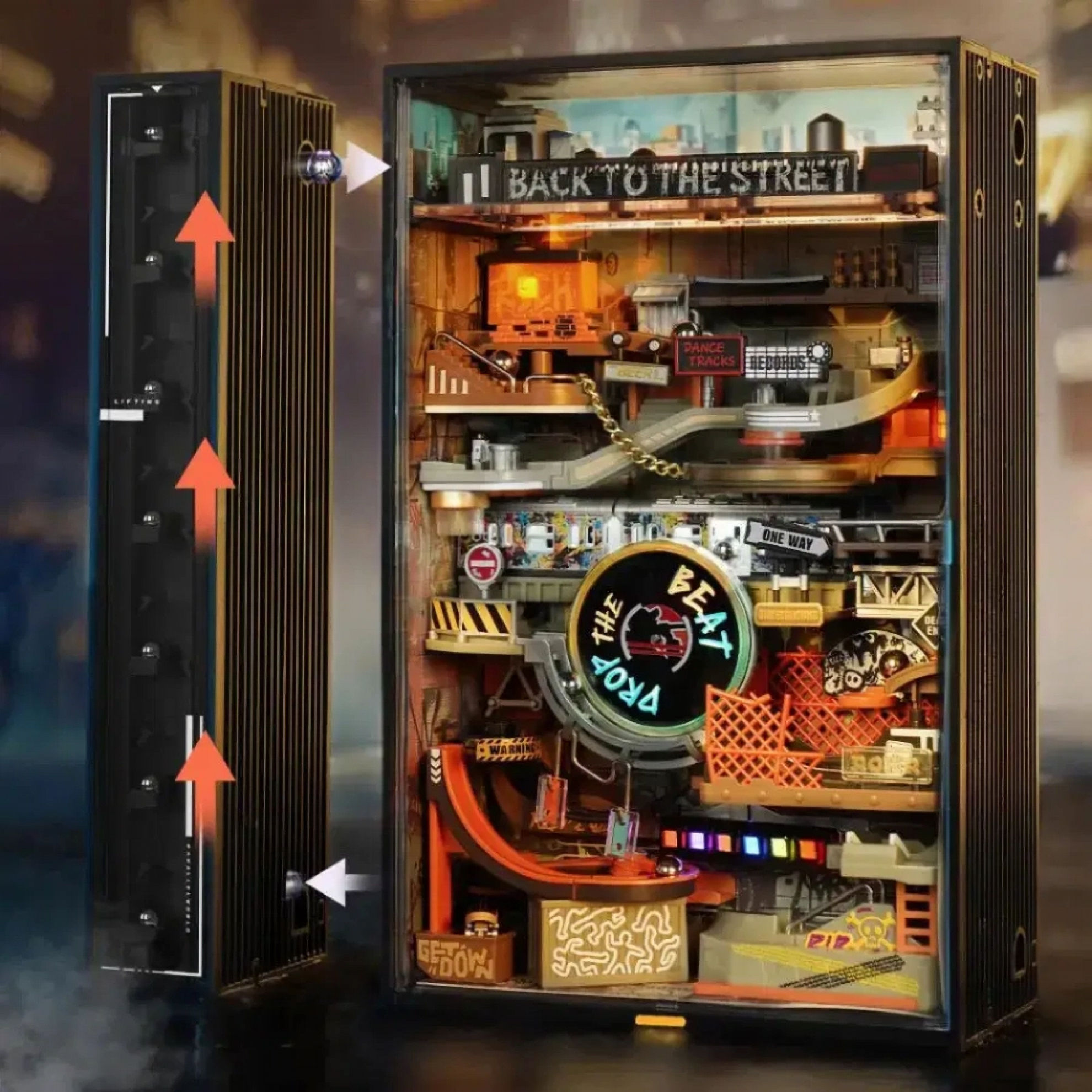 ROKR Hip-Hop Street auto-lift wooden marble run with gears, curves, and continuous motion steel marbles