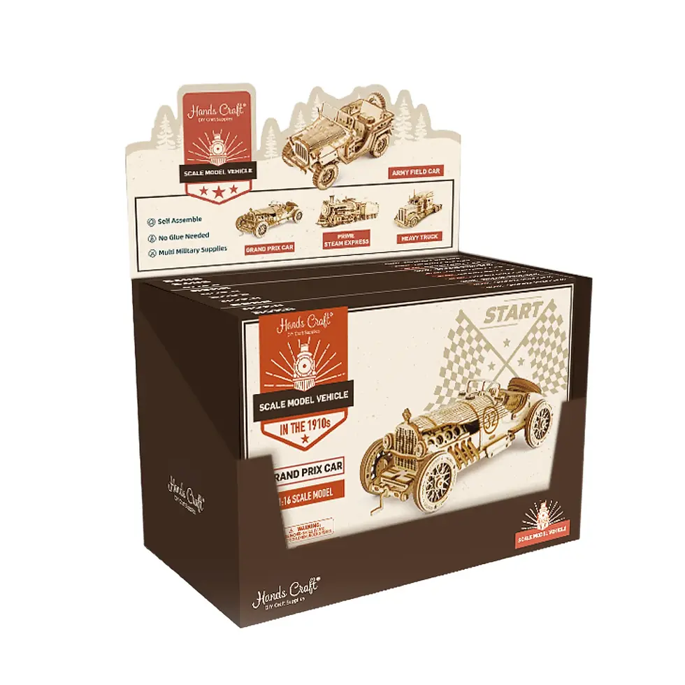 Thumbnail: Grand Prix car wooden puzzle set with vintage open-cockpit design and exposed mechanical details