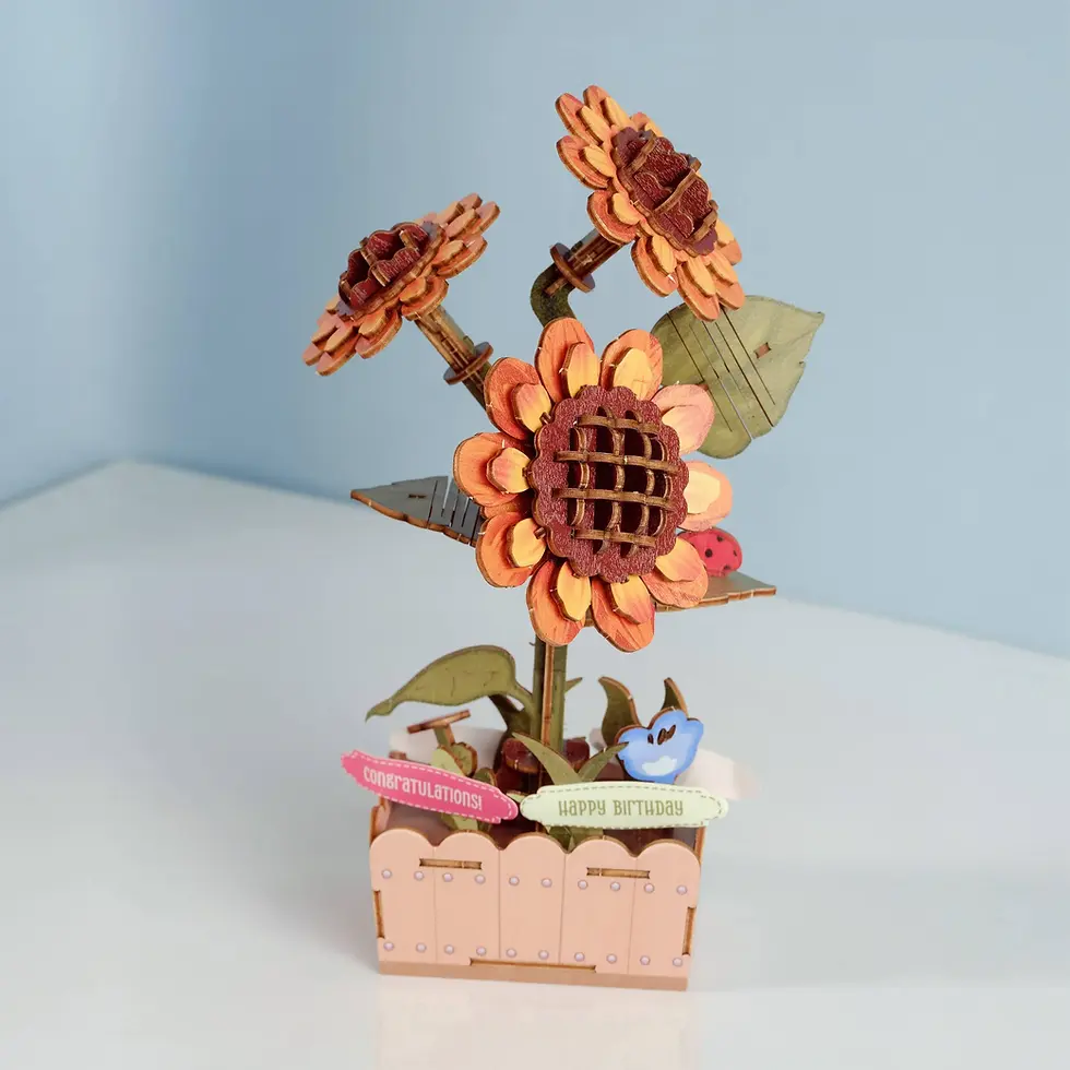 Thumbnail: Sunflower bloom wooden puzzle set by HandCraft with layered petals, textured center, and decorative standing display