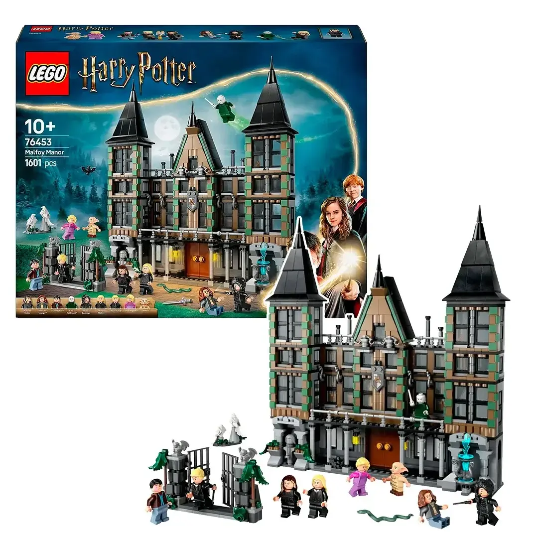 LEGO Harry Potter Malfoy Manor building set with gothic towers, interior rooms, and Deathly Hallows characters