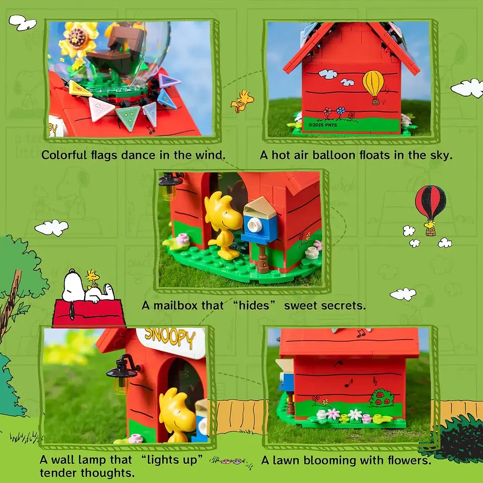 Thumbnail: Pantasy Snoopy red dog house building set with Snoopy figure sitting on a bright red doghouse