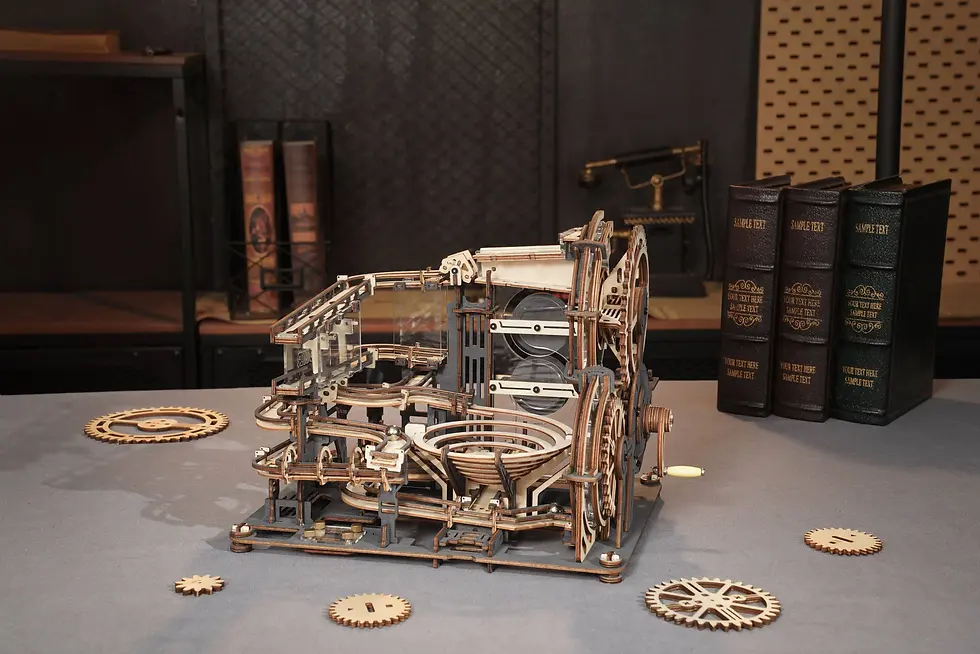 Thumbnail: Marble Night City run set by ROKR with hand-crank lift, wooden tracks, gears, and glow-in-the-dark details