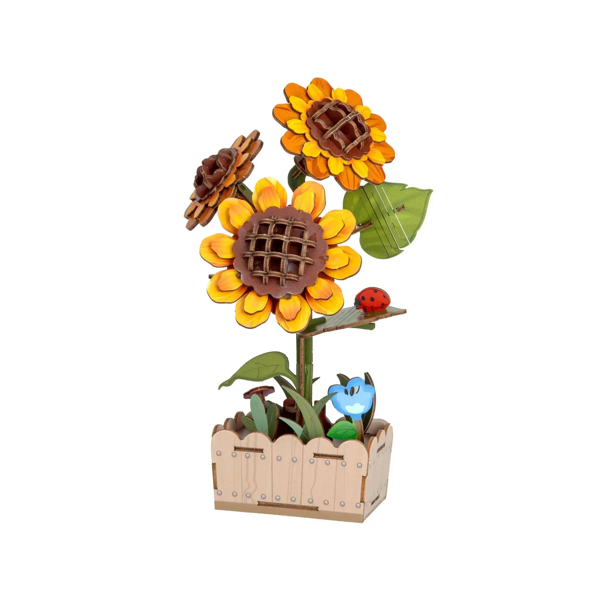 Sunflower bloom wooden puzzle set by HandCraft with layered petals, textured center, and decorative standing display