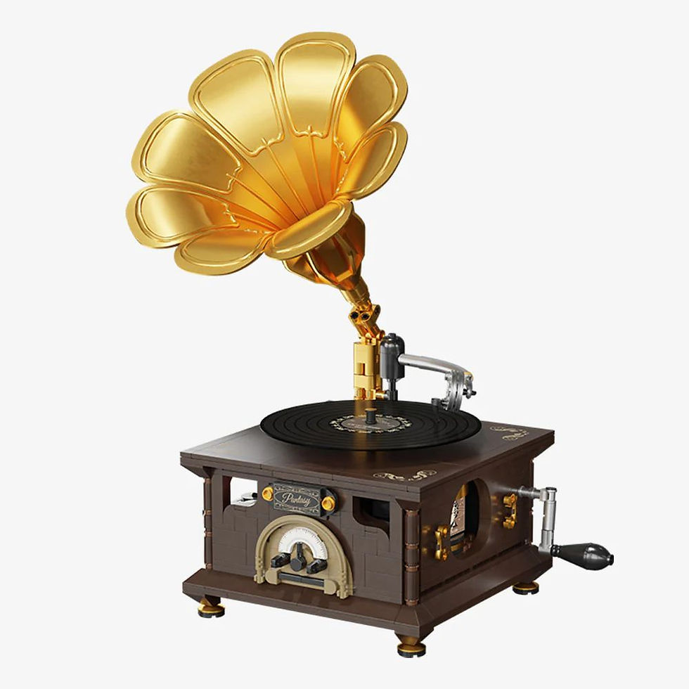 Retro gramophone set by Pantasy with sweeping horn, layered base, and vintage mechanical styling