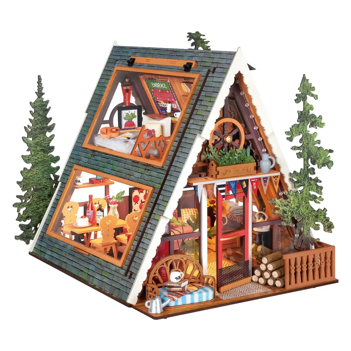A-frame cabin wooden puzzle with LED lighting, modern woodland design, and detailed interior spaces