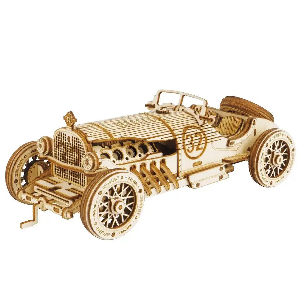 Grand Prix car wooden puzzle set with vintage open-cockpit design and exposed mechanical details