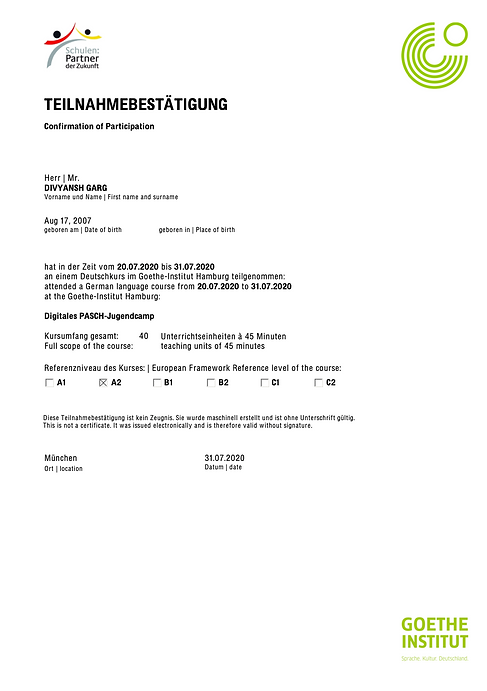 Divyansh Garg - Goethe Institut Germany Scholarship