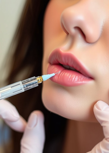 Doctor injecting lip fillers in a client