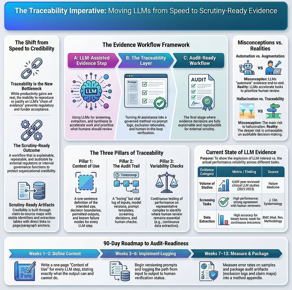 LLMs can accelerate evidence screening and extraction—but under scrutiny, traceability is the real constraint. A regulator-aware checklist for audit-ready workflows.
