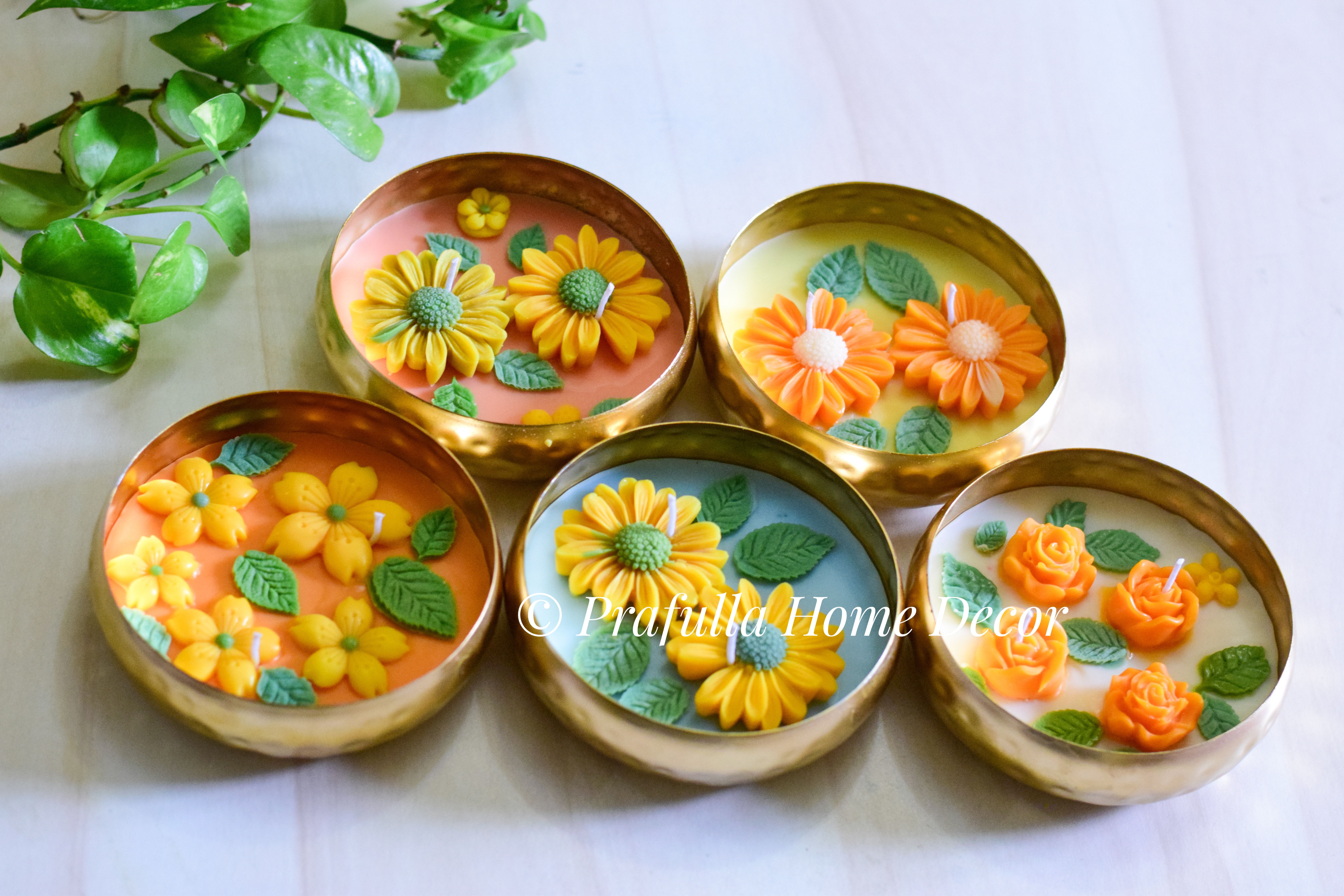 Set of 5 Floral Urli Candles - 5 inches| Scented Soy Candles| Handmade Candles