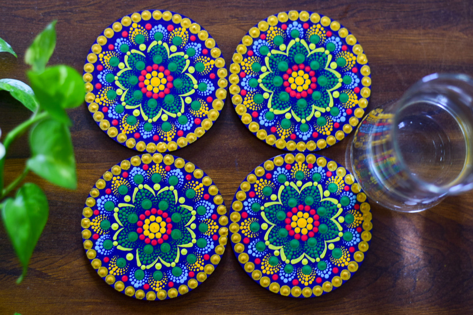 Set of 4 Hand Painted Mandala Coasters,Dot Mandala Coaster, Kitchen Decor