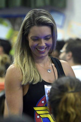 Smiling woman with Wonder Woman shirt