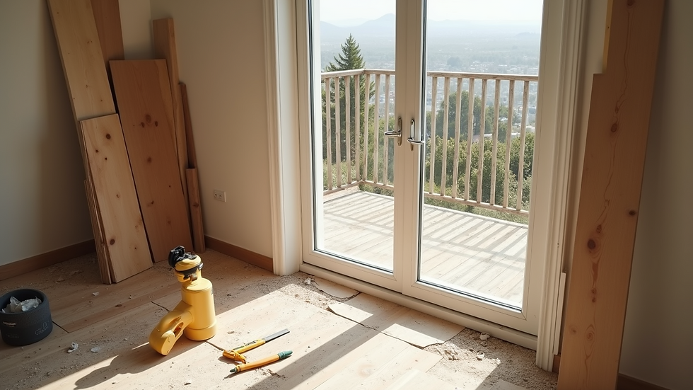 High angle view of a home renovation site with building materials and tools