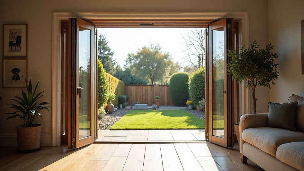 Eye-level view of modern bi-fold doors opening to a garden patio