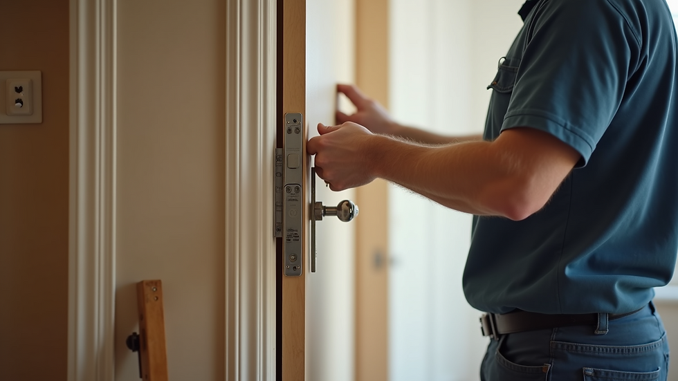 Close-up view of a door installer fitting a new door frame