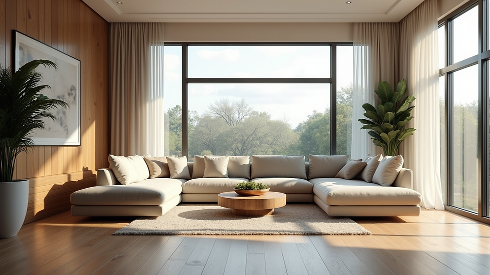 Wide angle view of a well-designed living room with large windows and natural light