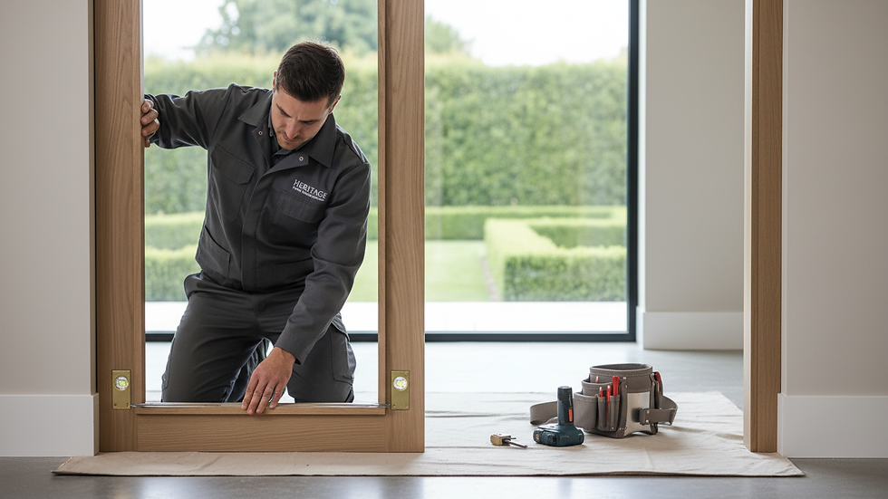 Eye-level view of a professional installing a wooden door frame