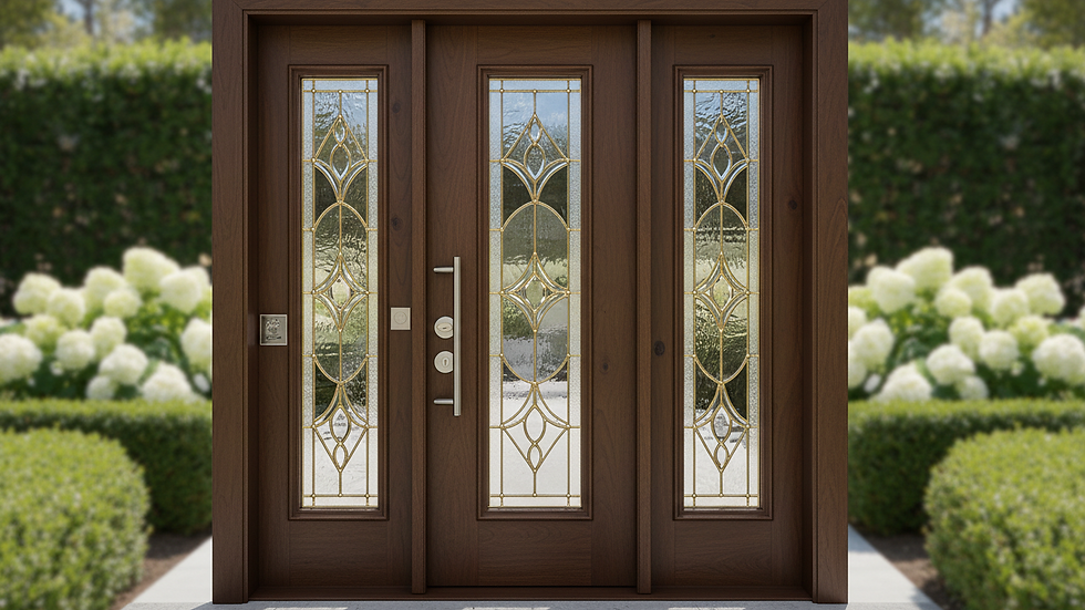 Close-up view of a stylish wooden front door with decorative glass panels