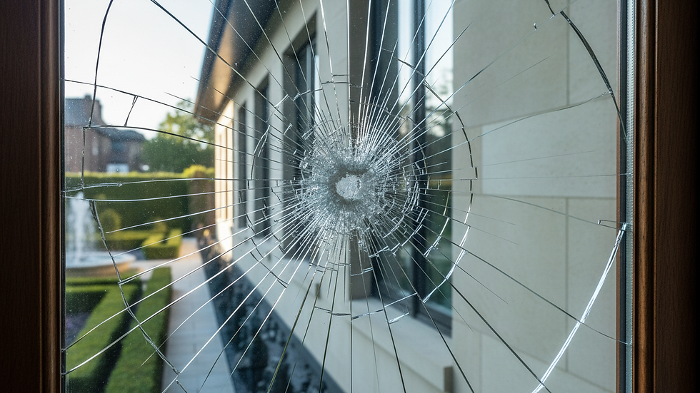 Eye-level view of a broken window with shattered glass