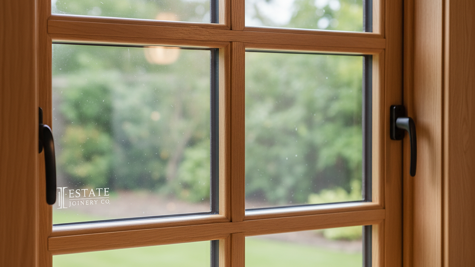 Close-up view of a newly installed wooden window frame with double glazing