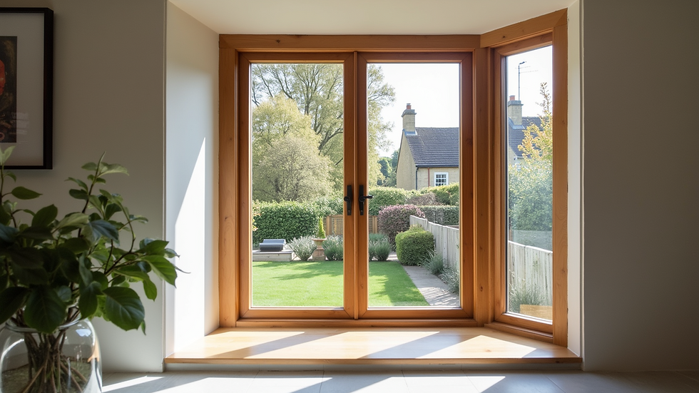 Eye-level view of modern timber-framed window in a London home