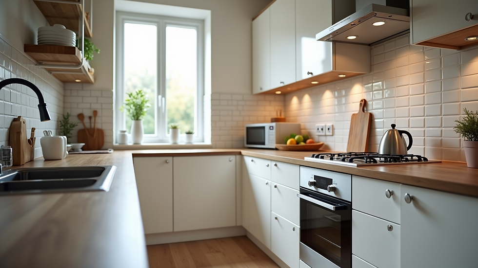 Eye-level view of a recently renovated kitchen with modern appliances