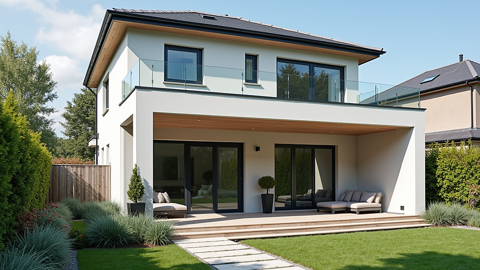 Eye-level view of a modern house exterior with new windows and doors