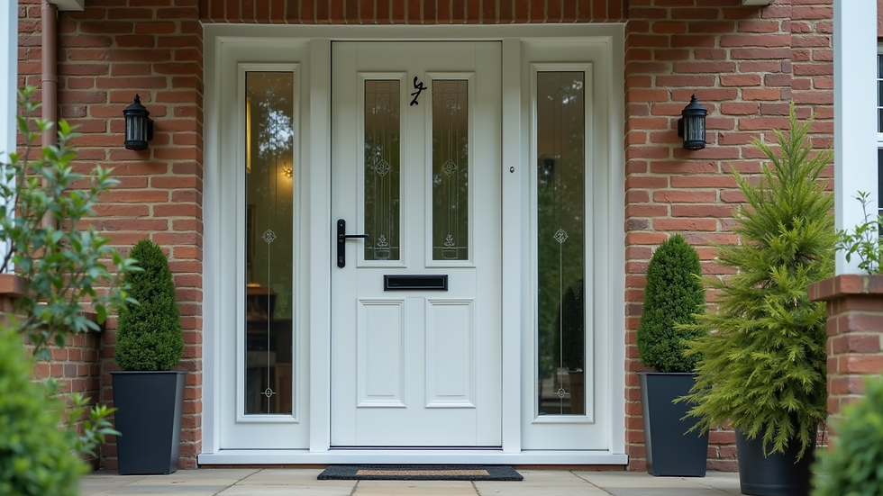Eye-level view of a modern front door with glass panels