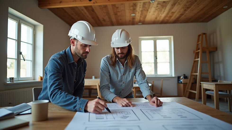 Wide angle view of a contractor reviewing plans with clients